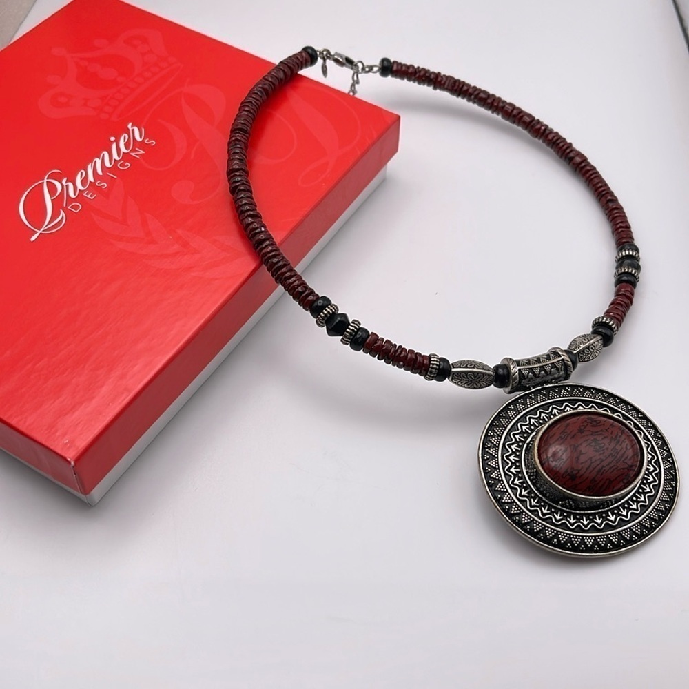 Premier Design Red Spice Beaded Silver Toned Necklace